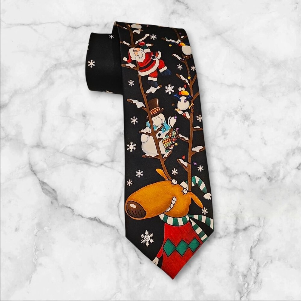 Men’s Black Christmas Novelty Tie Santa Snowmen & Reindeer Holiday Design